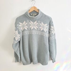 Vintage Eddie Bauer Fair Isle Knit Sweater Blue and White Snowflake Sweater